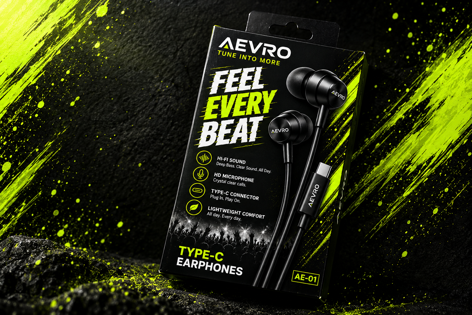 AEVRO packaging: outer sleeve and inner sliding tray with a lime-green interior