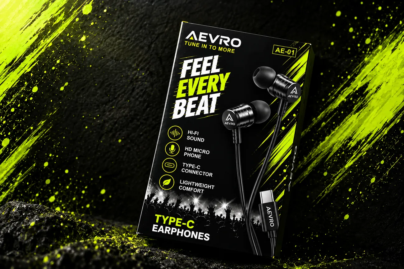 AEVRO packaging: outer sleeve and inner sliding tray with a lime-green interior