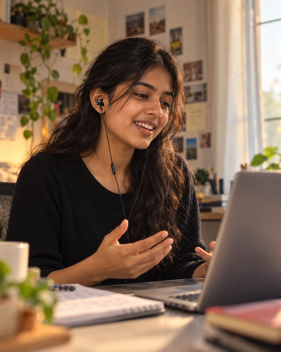Taking a video call at a desk with the inline HD mic