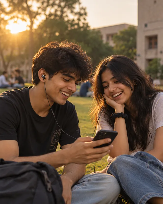 Friends sharing a playlist on campus